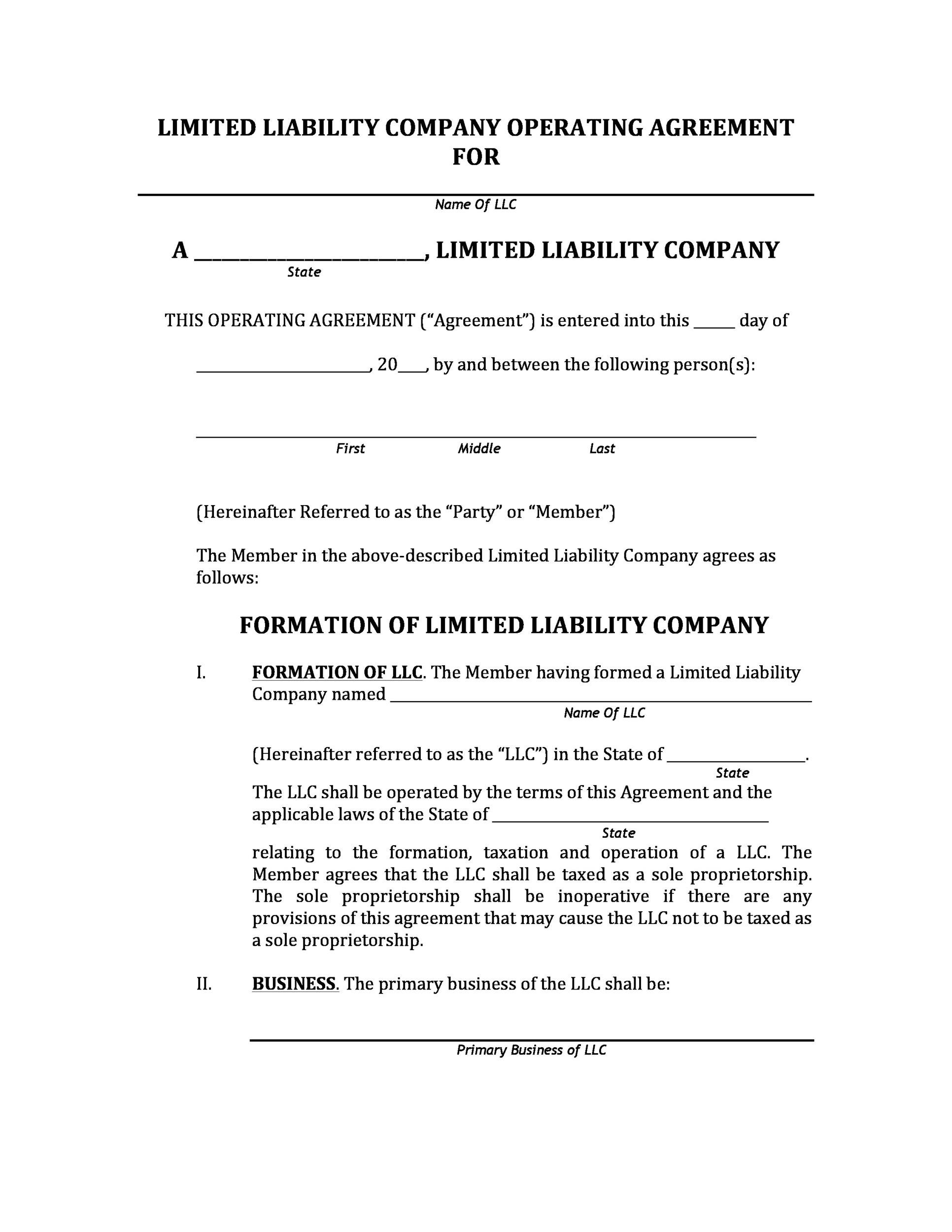 Sample of LLC Operating Agreement Template