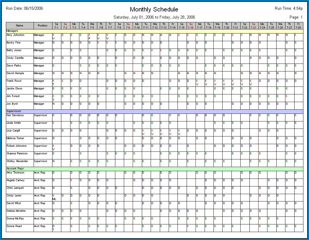 Sample of Monthly Employee Schedule Template