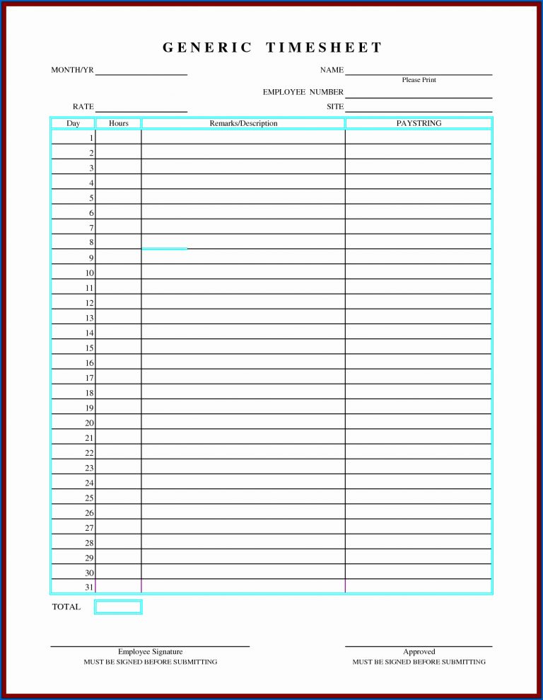 √ Free Printable Monthly Timesheet Template Word