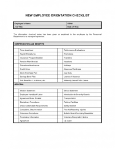 Sample of New Employee Orientation Checklist Template