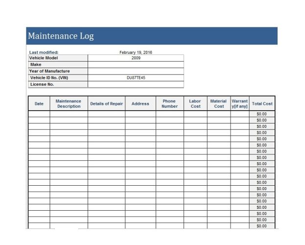 Sample Of Office Maintenance Log Template Templateral