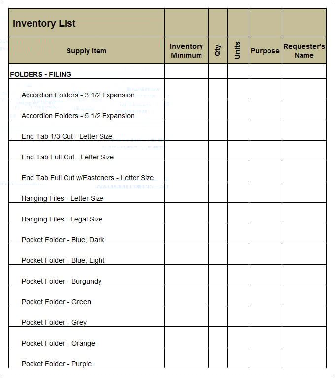 Sample of Office Supply Inventory List Template Sample of Office Supply Inventory List Template