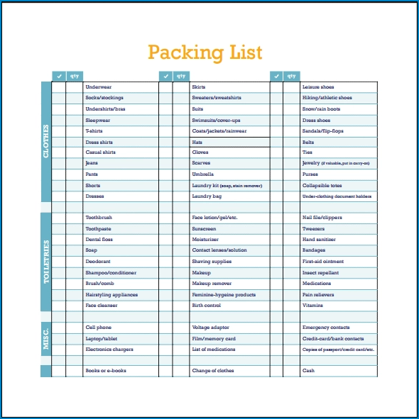 Sample of Packing List Template