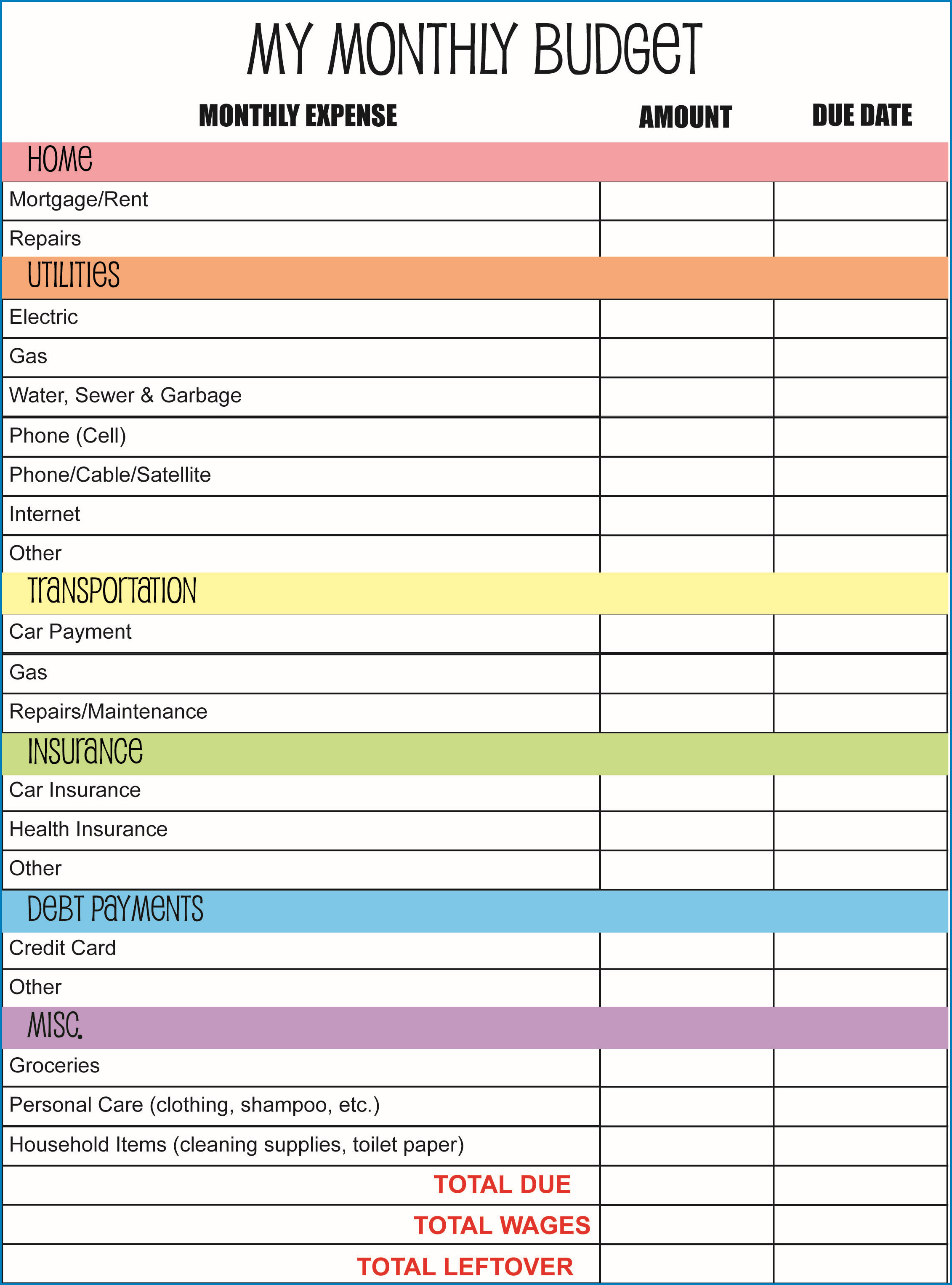 Sample of Personal Budget Planner Template