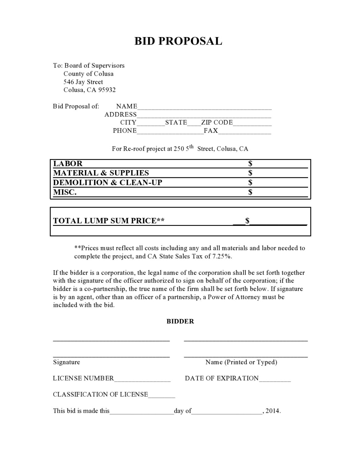 √ Printable Bid Proposal Template