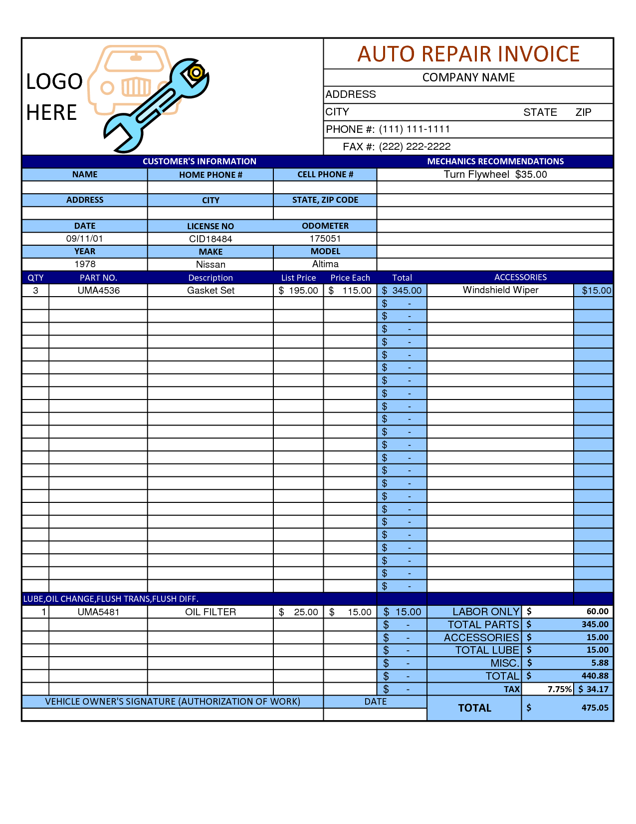 Sample of Printable Car Repair Receipt Template Sample of Printable Car Repair Receipt Template
