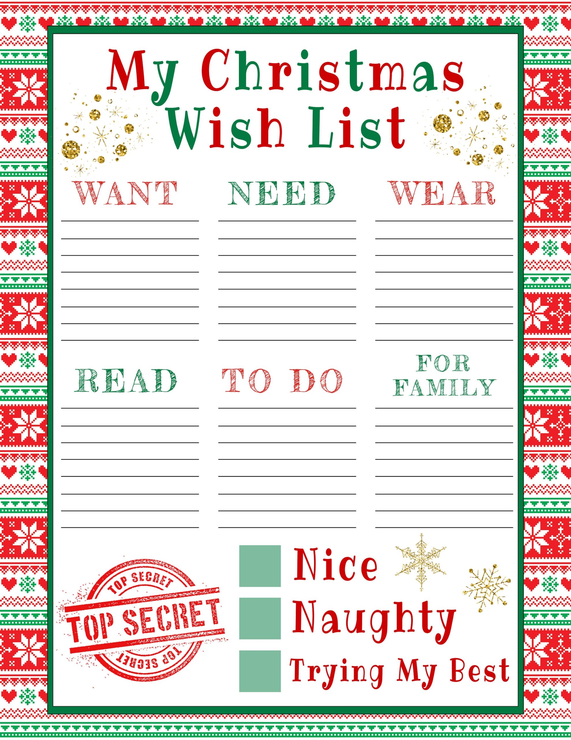 Sample of Printable Christmas Wish List Template