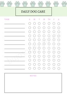 Sample of Printable Daily Dog Care Checklist Template