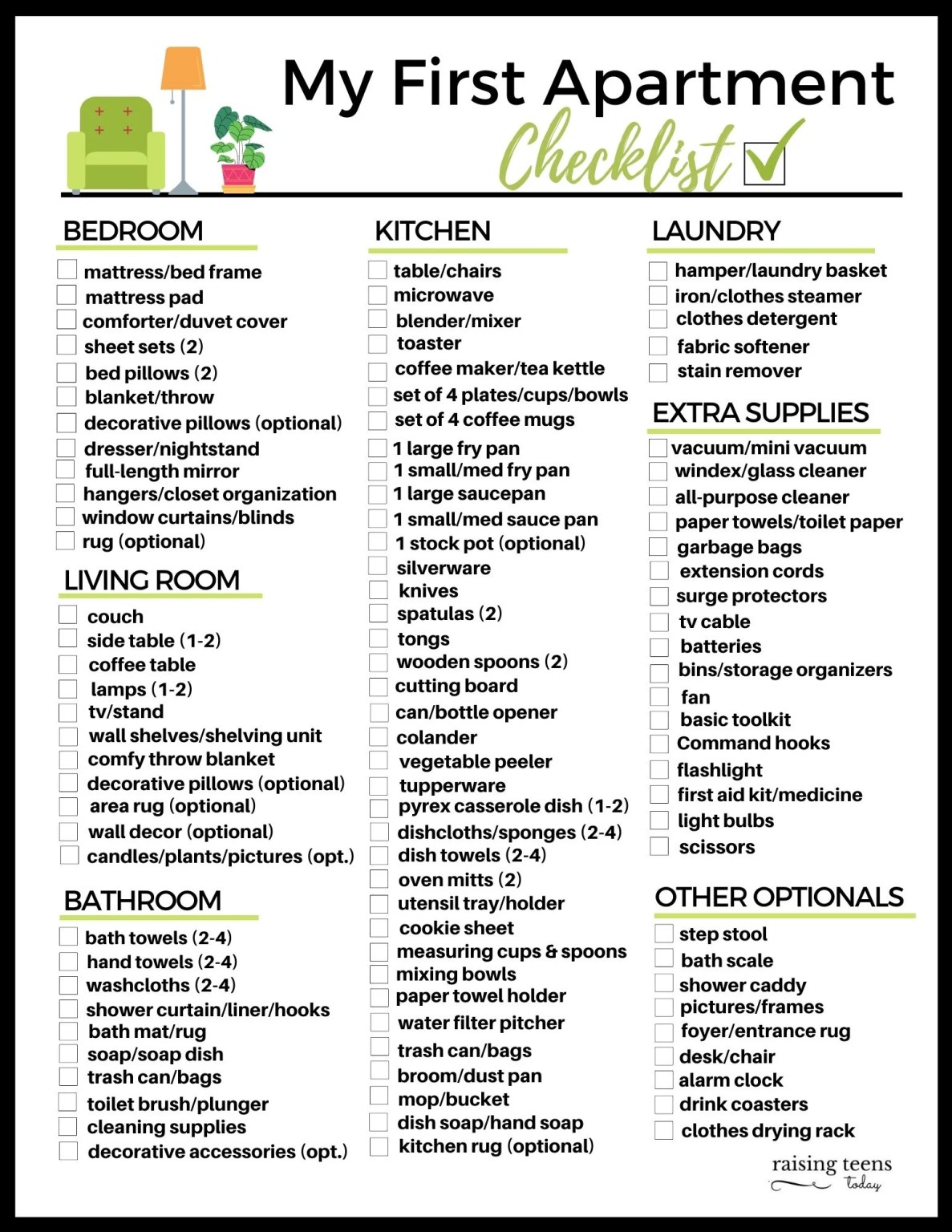 Sample of Printable First Apartment Checklist Template