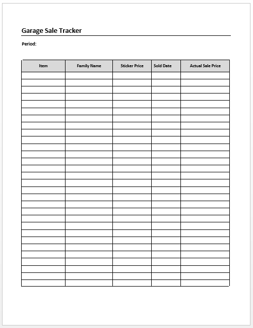 Sample of Printable Garage Sale Tracker Template