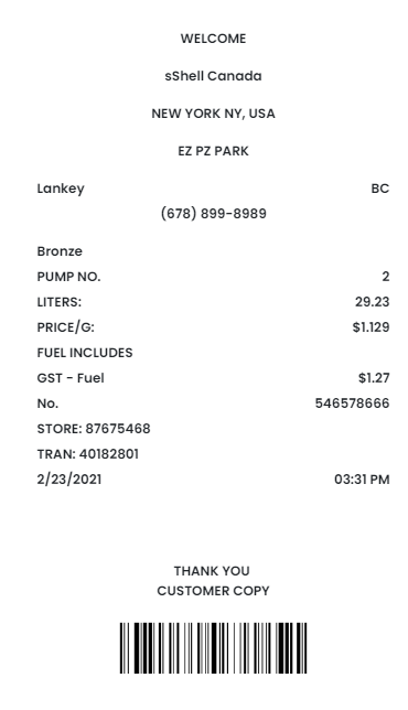 Sample of Printable Gas Receipt Template