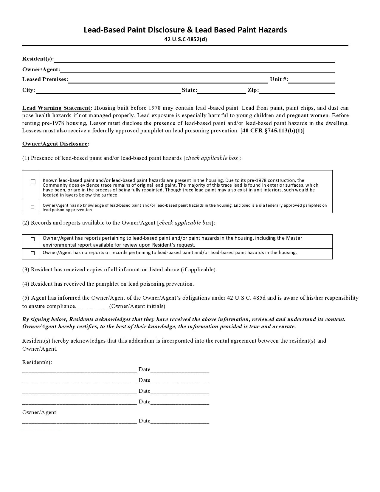 Sample of Printable Lead Based Paint Disclosure Form