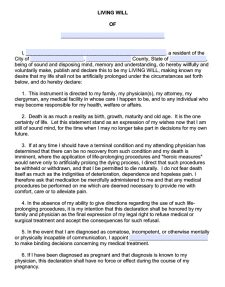 Sample of Printable Living Will Form Template