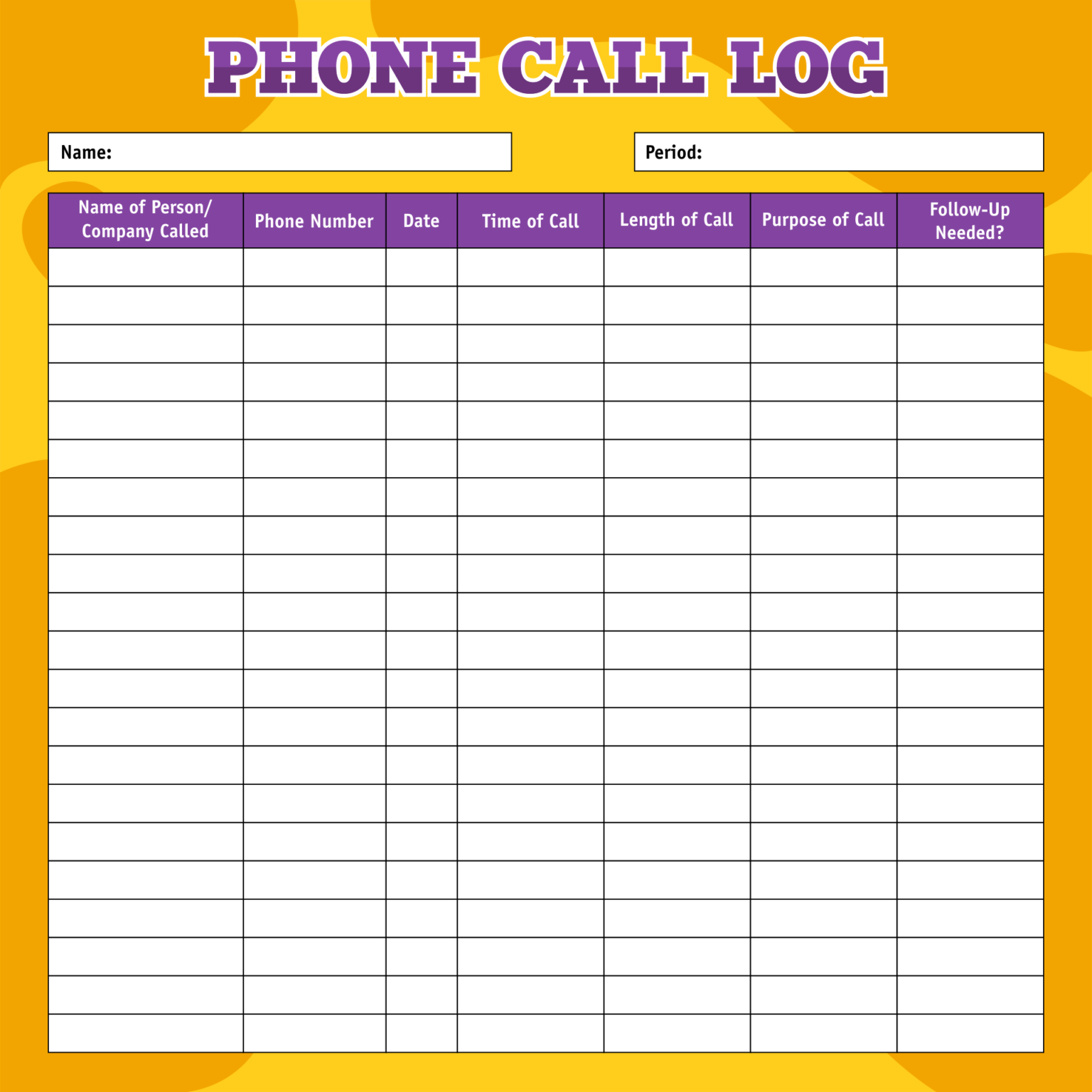 √ Printable Phone Call Log Template