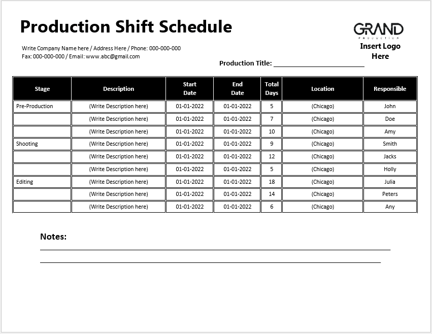 Sample of Production Shift Schedule Template