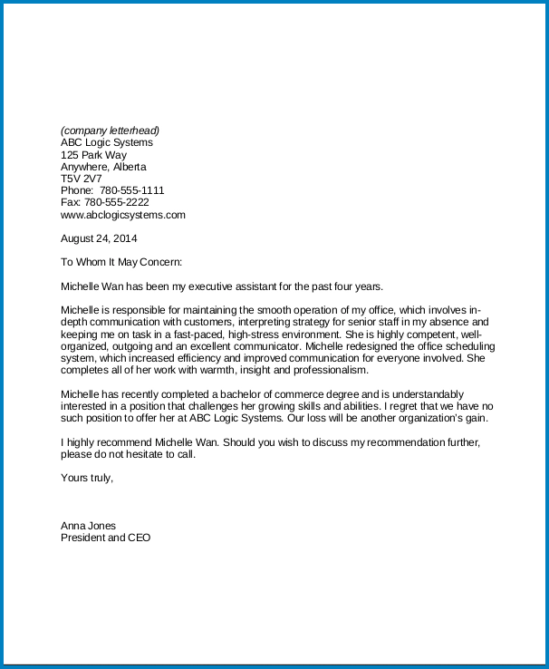Sample of Professional Reference Letter Template