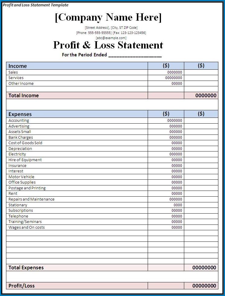 Sample of Profit And Loss Account Template