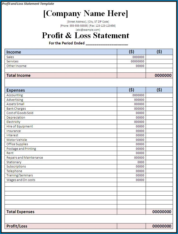 Sample of Profit And Loss Template