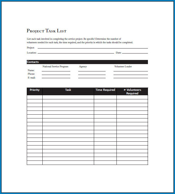 Sample of Project Task List Template