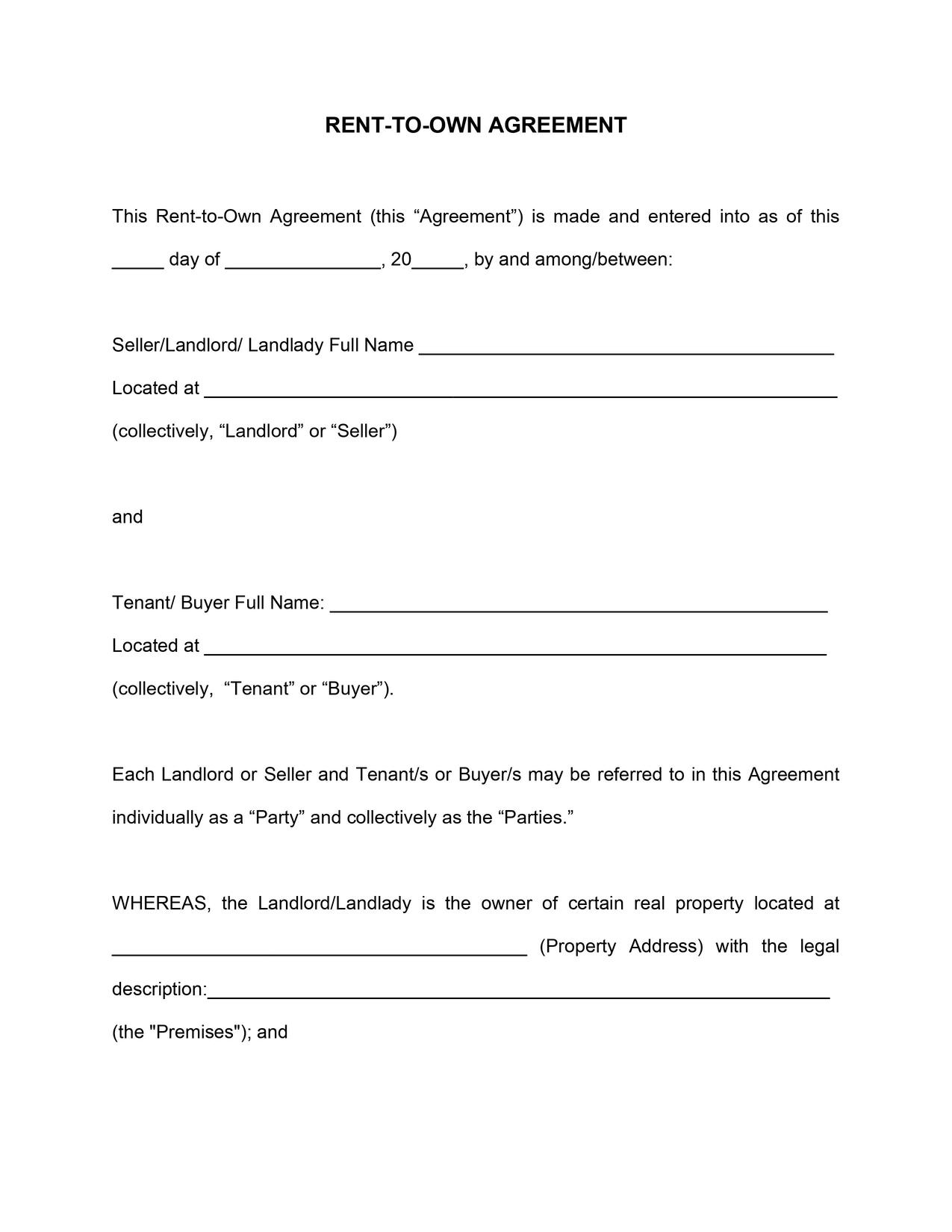 Sample of Rent to own Agreement Template Sample of Rent to own Agreement Template