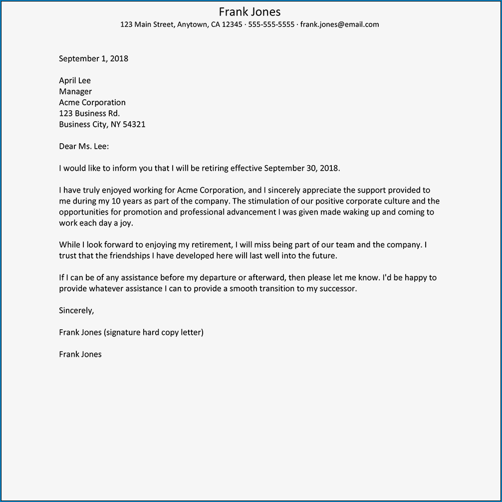 Sample of Resignation Letter Template Word