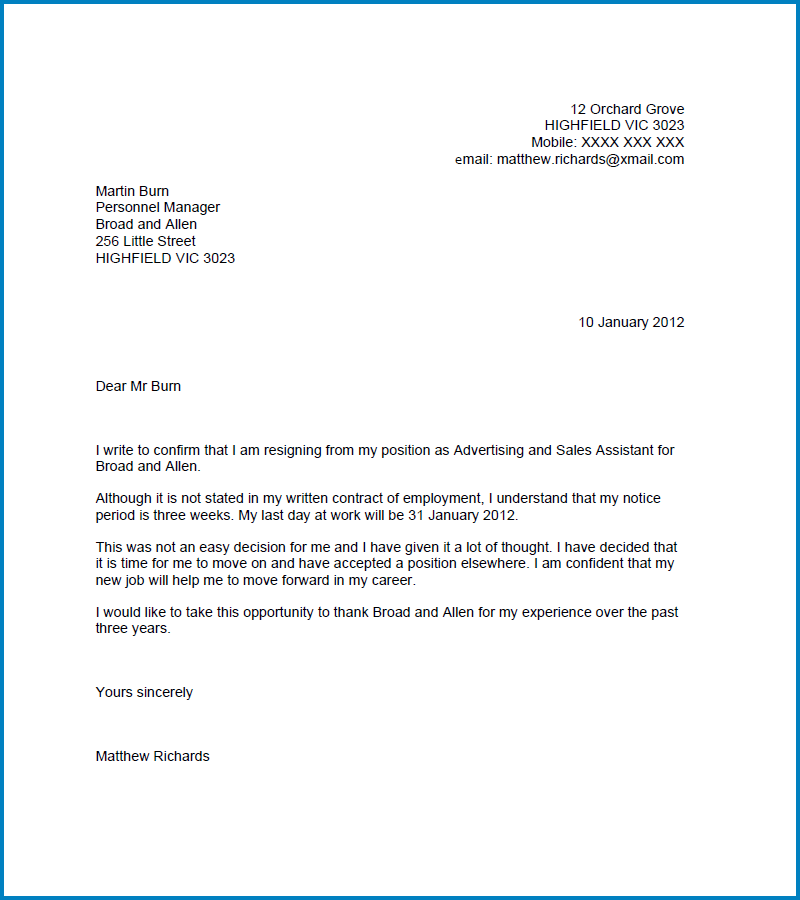 Sample of Resignation Letter without Notice