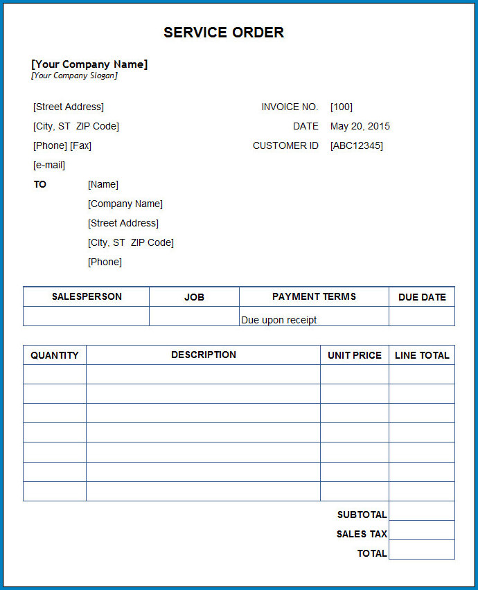 Sample of Service Order Template