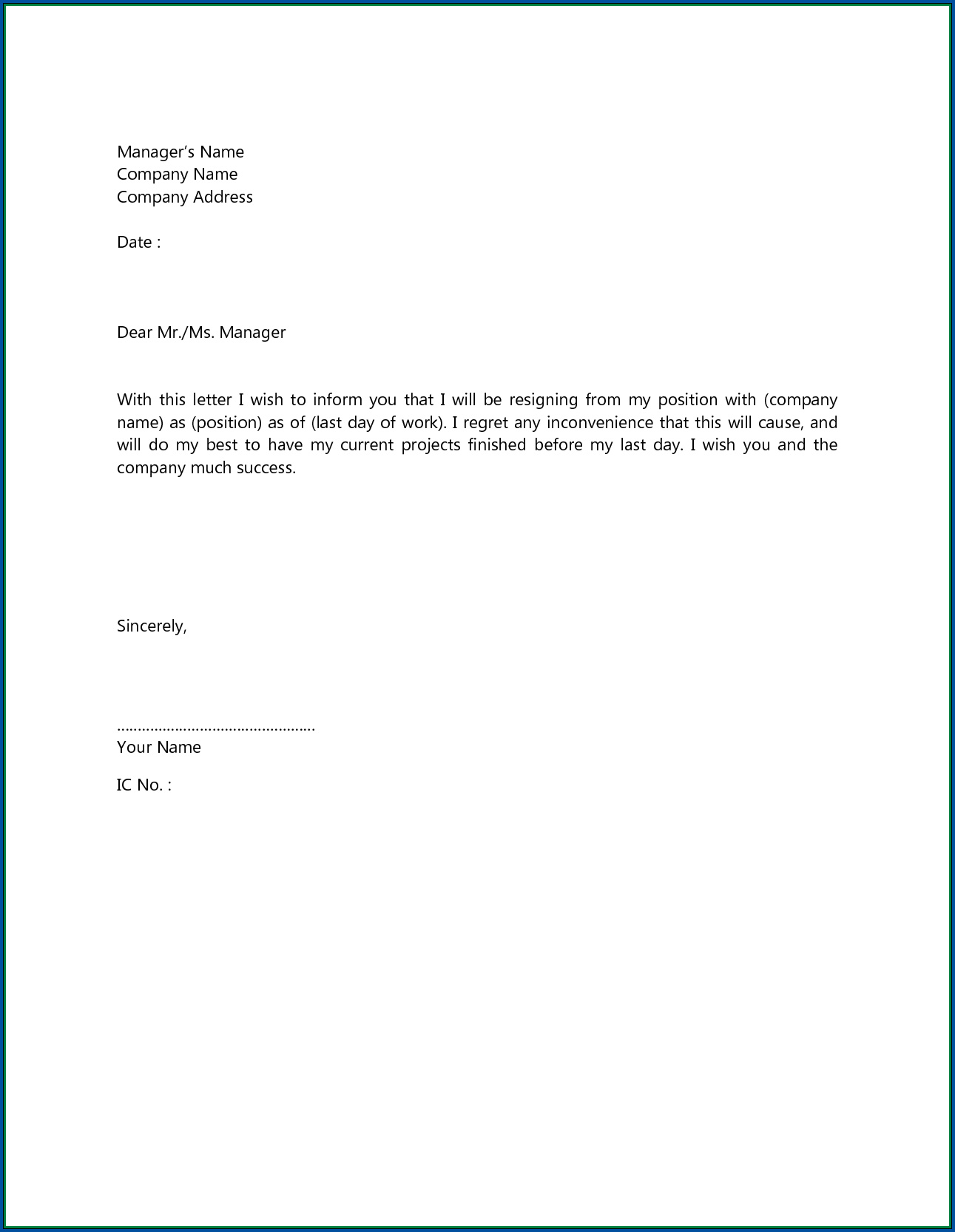 Sample of Short Resignation Letter Template