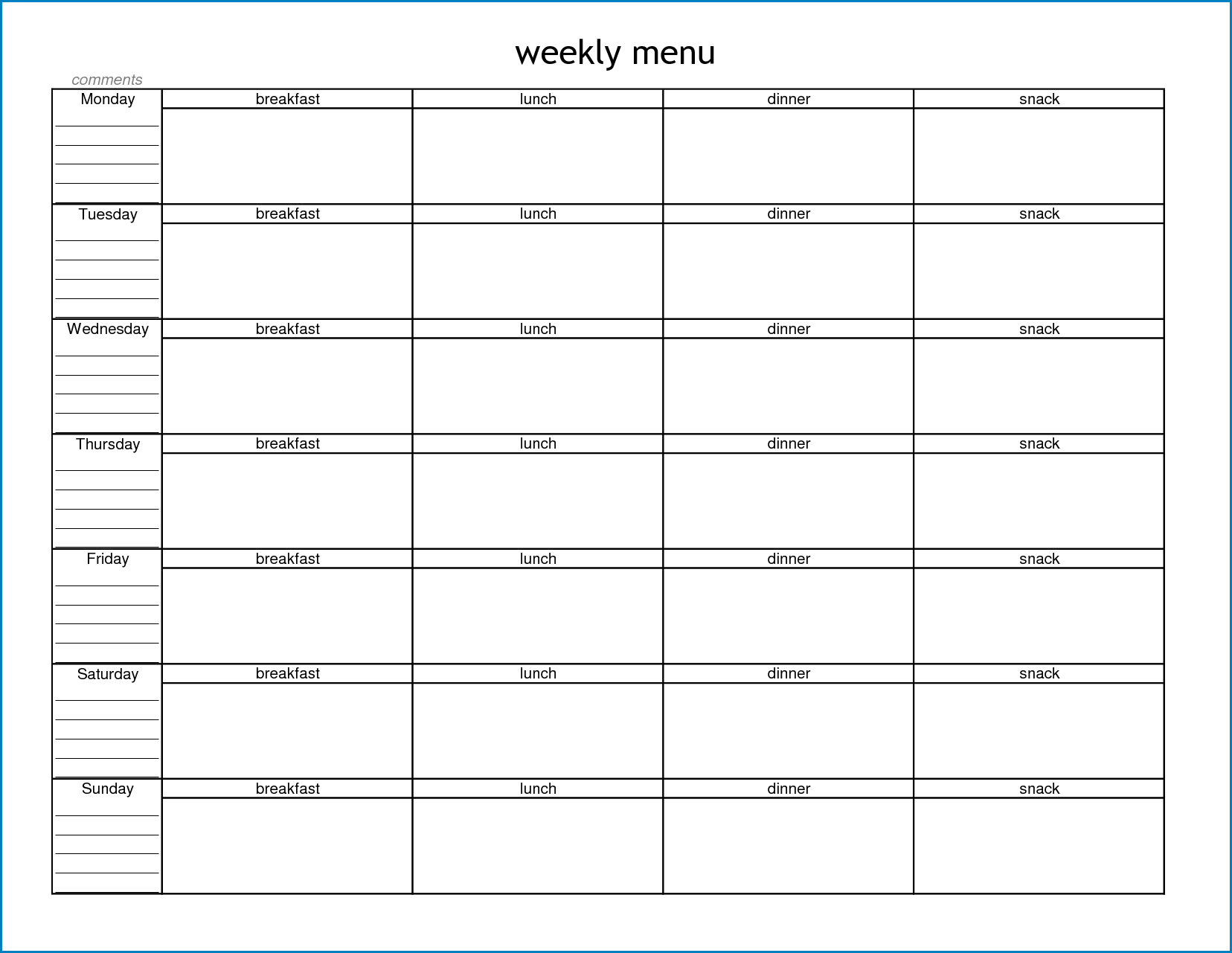  Free Printable Weekly Menu Template