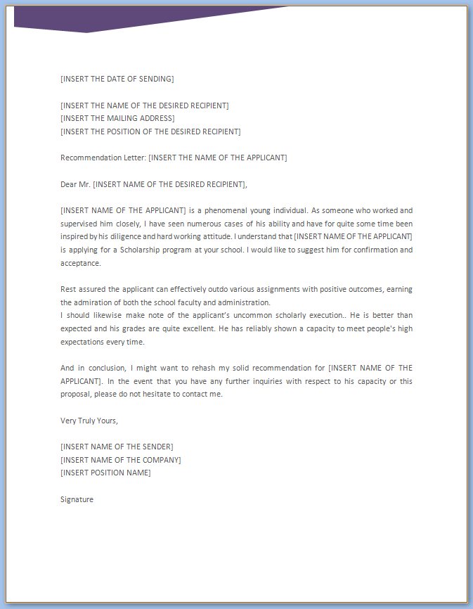 Free Printable Scholarship Letter Of Recommendation Template