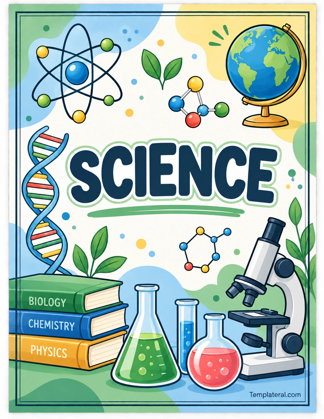 Science Binder Cover Template Printable Science Binder Cover Template with atom DNA microscope globe and laboratory illustrations