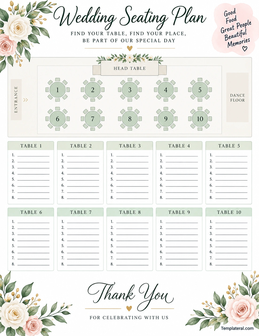 Seating Plan Chart Wedding Printable seating plan chart wedding template with numbered tables, guest lists, head table, entrance, and dance floor