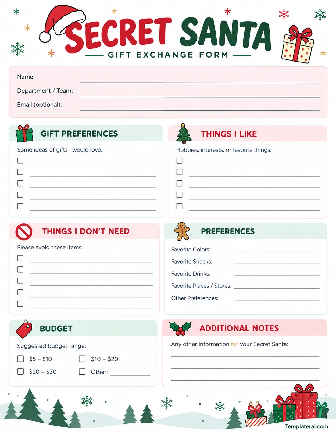 Secret Santa Form Printable Secret Santa form template with gift preferences, hobbies, dislikes, budget, and additional notes