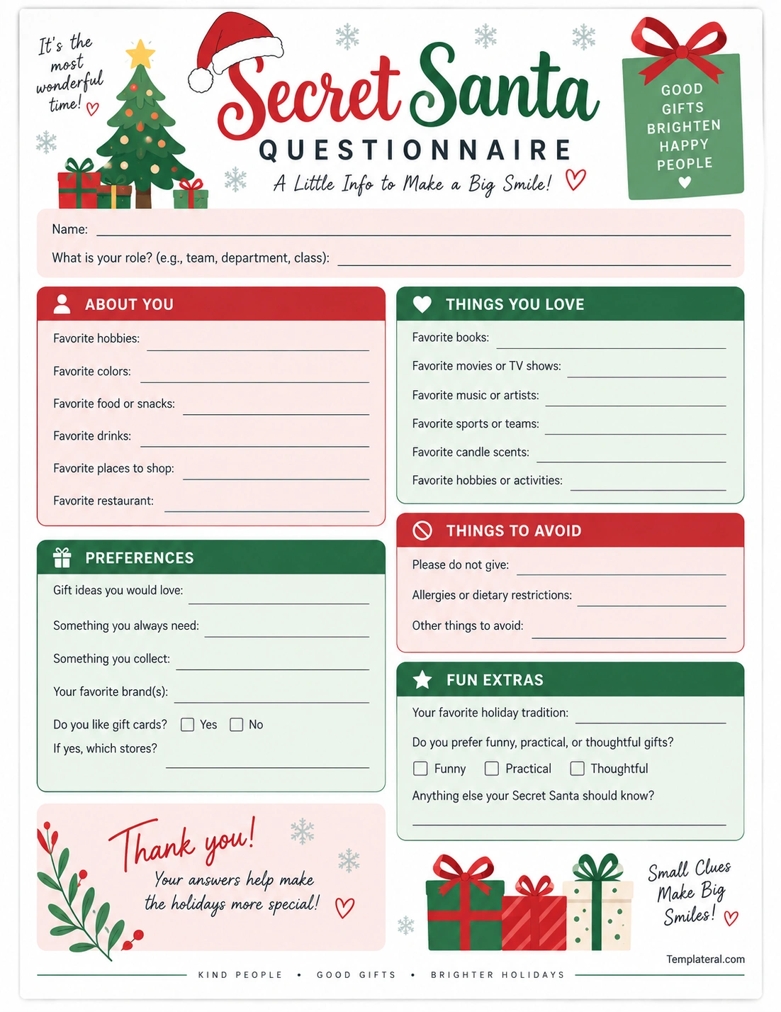Secret Santa Questionnaire Printable Secret Santa questionnaire template with gift preferences, favorite things, and things to avoid