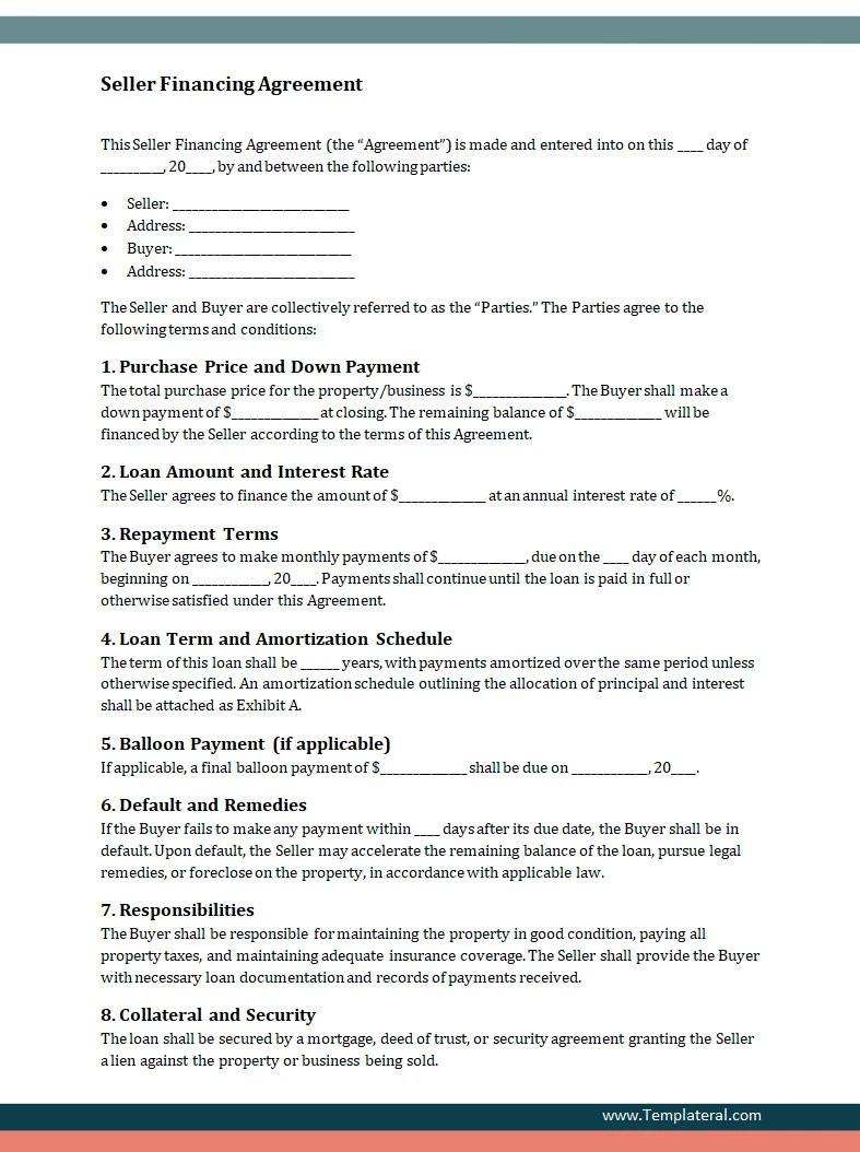 Seller Financing Agreement Template Seller Financing Agreement Template Word