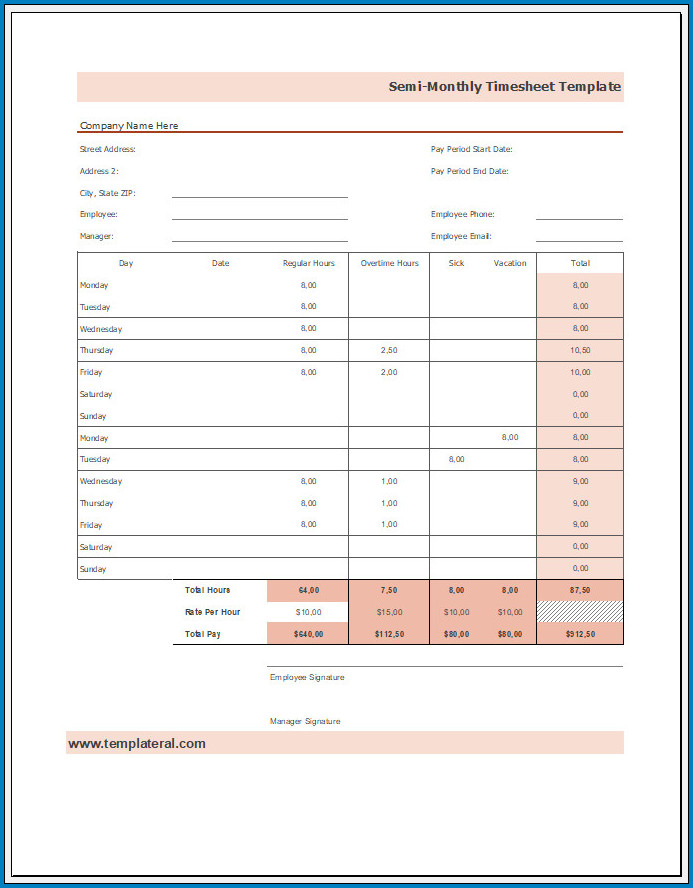 Semi Monthly Timesheet Template from www.templateral.com