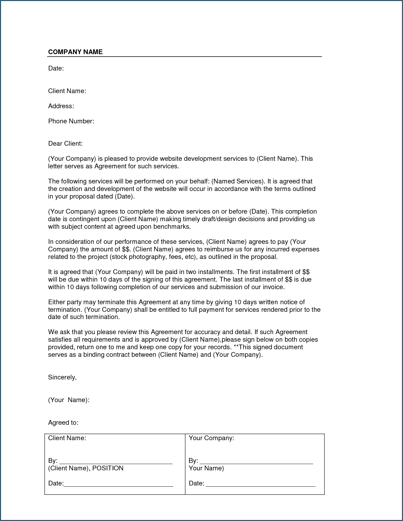 Service Agreement Letter Template Example