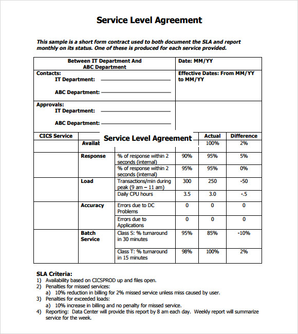 Service Level Agreement Template Sample Service Level Agreement Template Sample