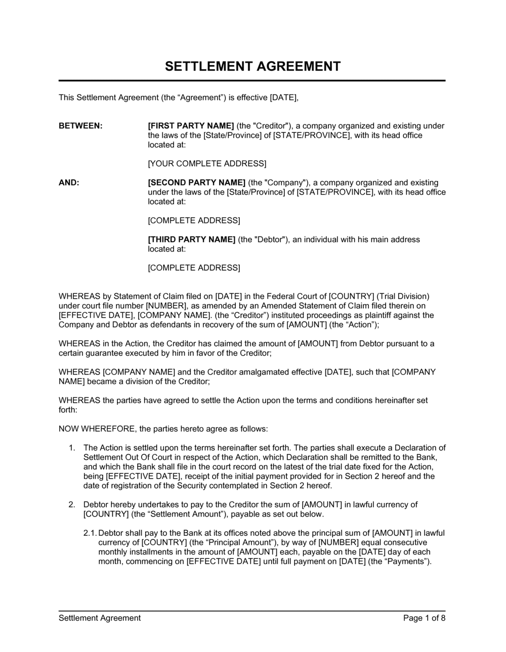 Settlement Agreement Template Settlement Agreement Template