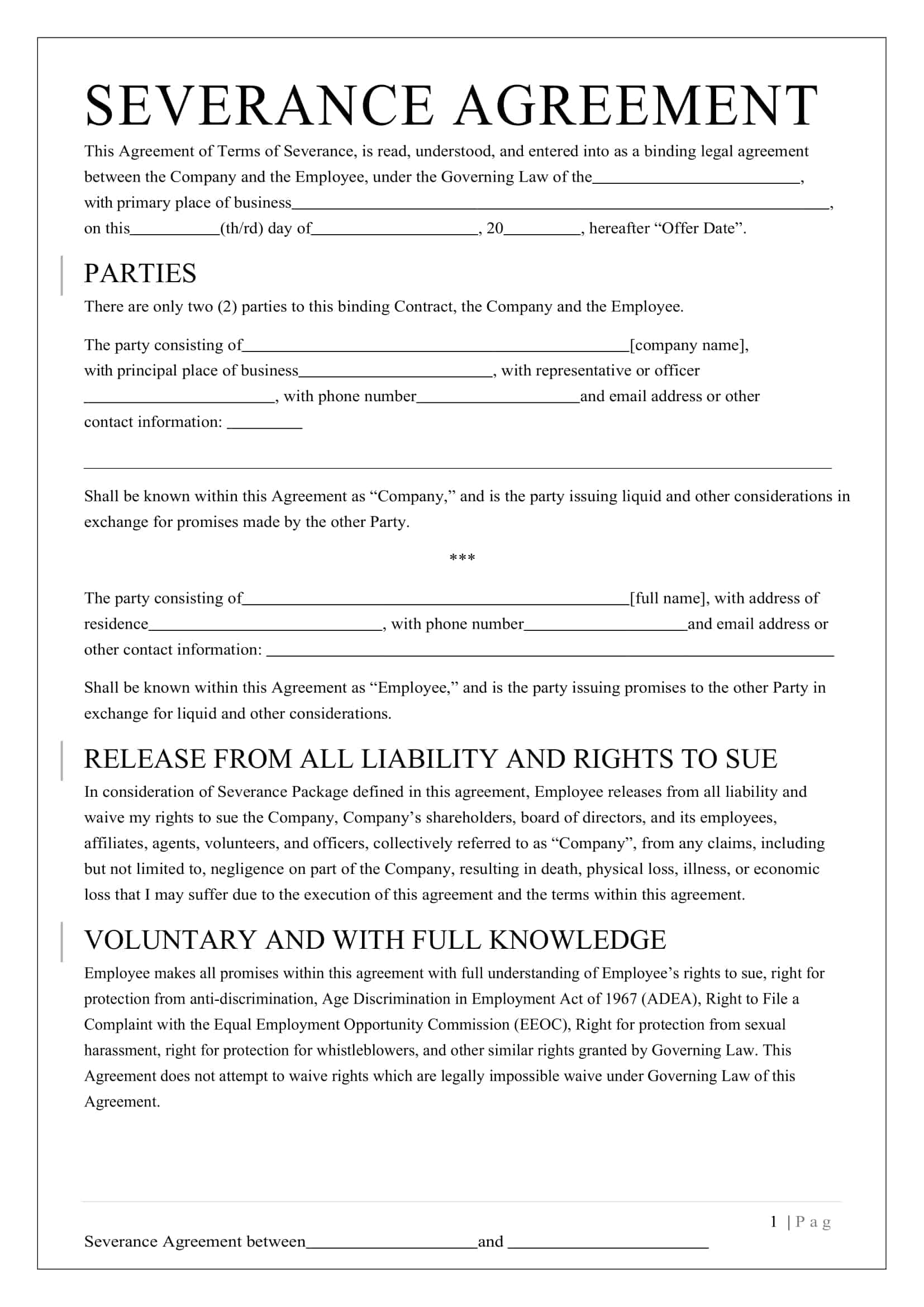 Severance Agreement Template Severance Agreement Template