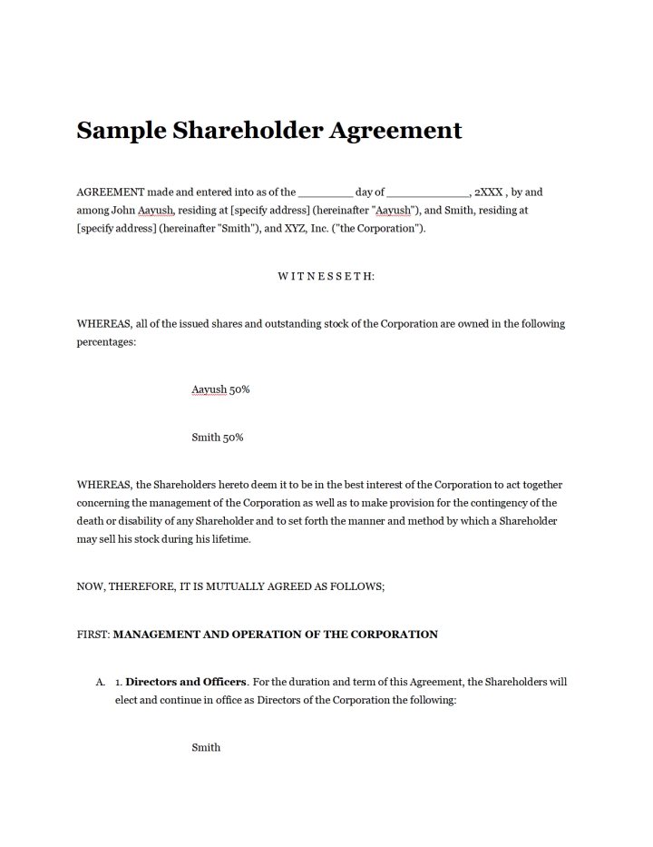 Shareholders Agreement Template Example Shareholders Agreement Template Example