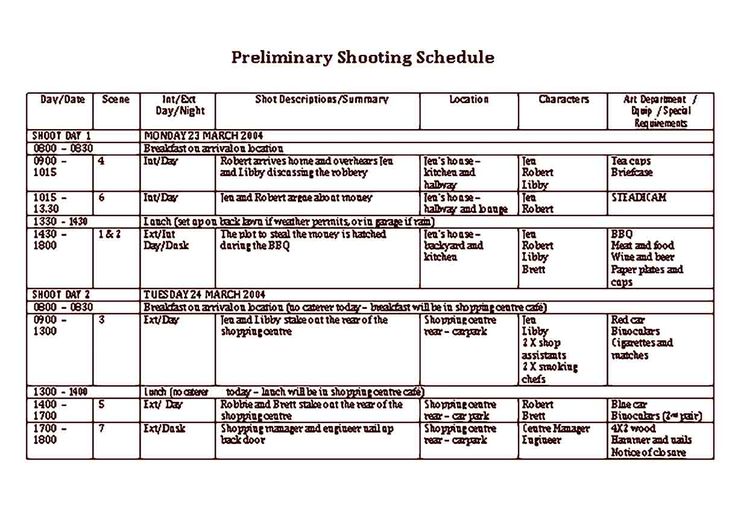 Shooting Schedule Template