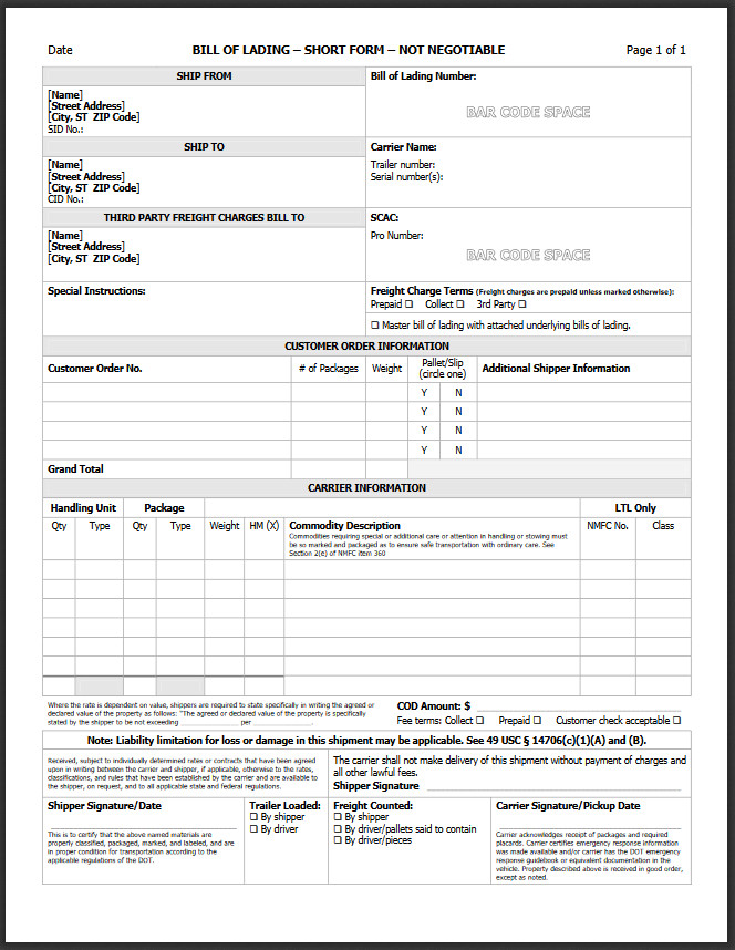 Free Printable Short Form Bill Of Lading
