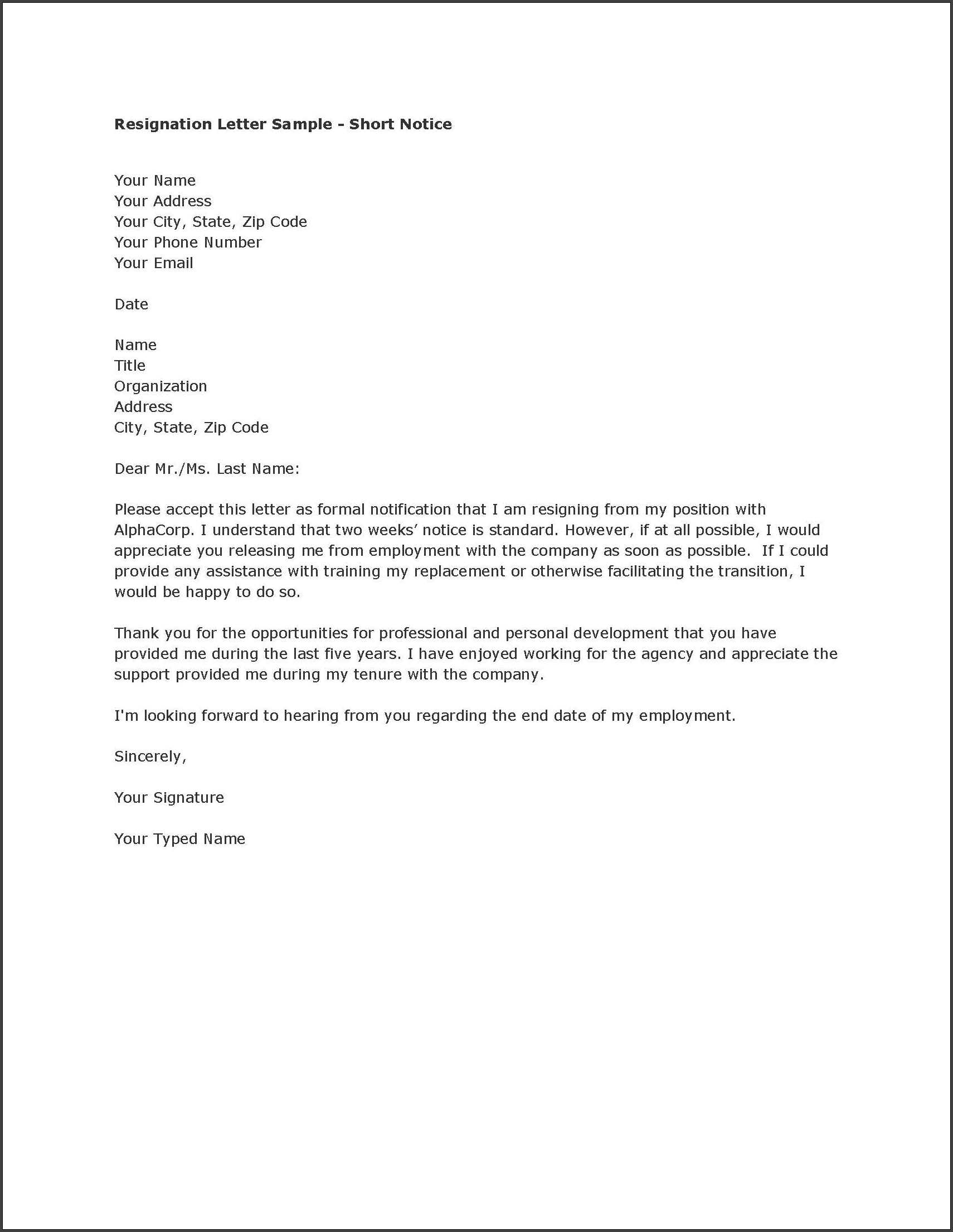 Short Resignation Letter Template Sample