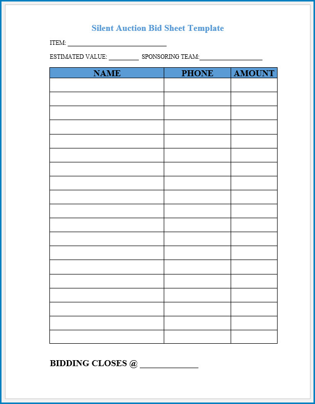 Free Printable Silent Auction Bid Sheet Form