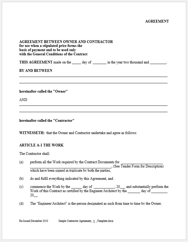  Free Printable Simple Contractor Agreement Template Templateral