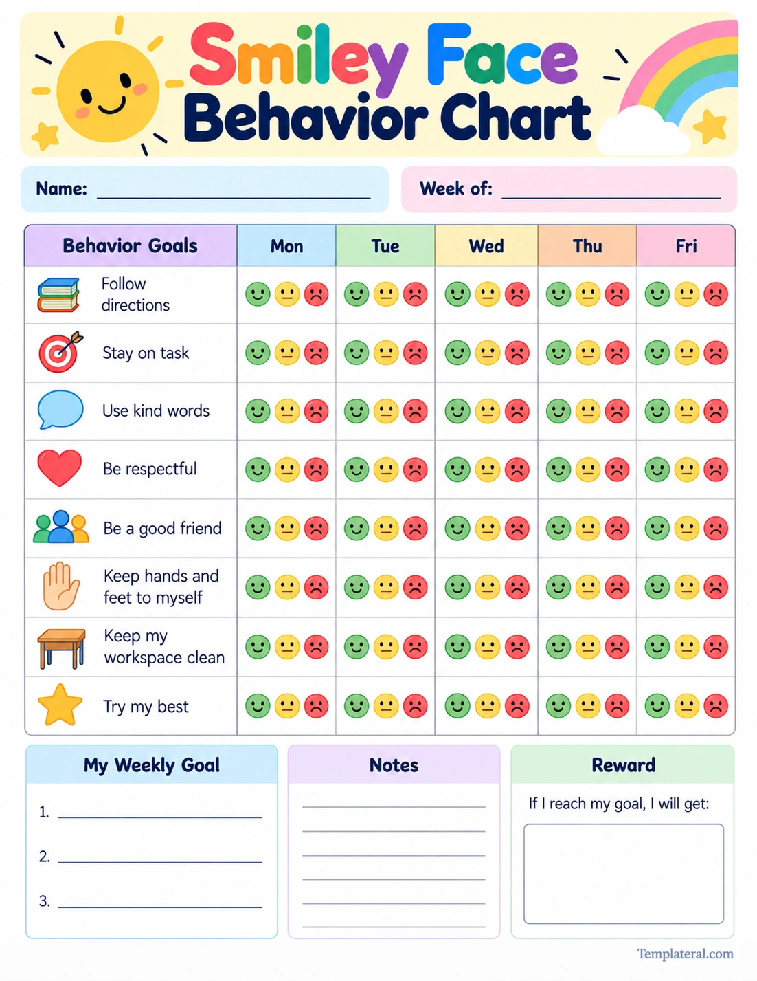 Smiley Face Behavior Chart Template Printable smiley face behavior chart template with happy, neutral, and sad face behavior tracking