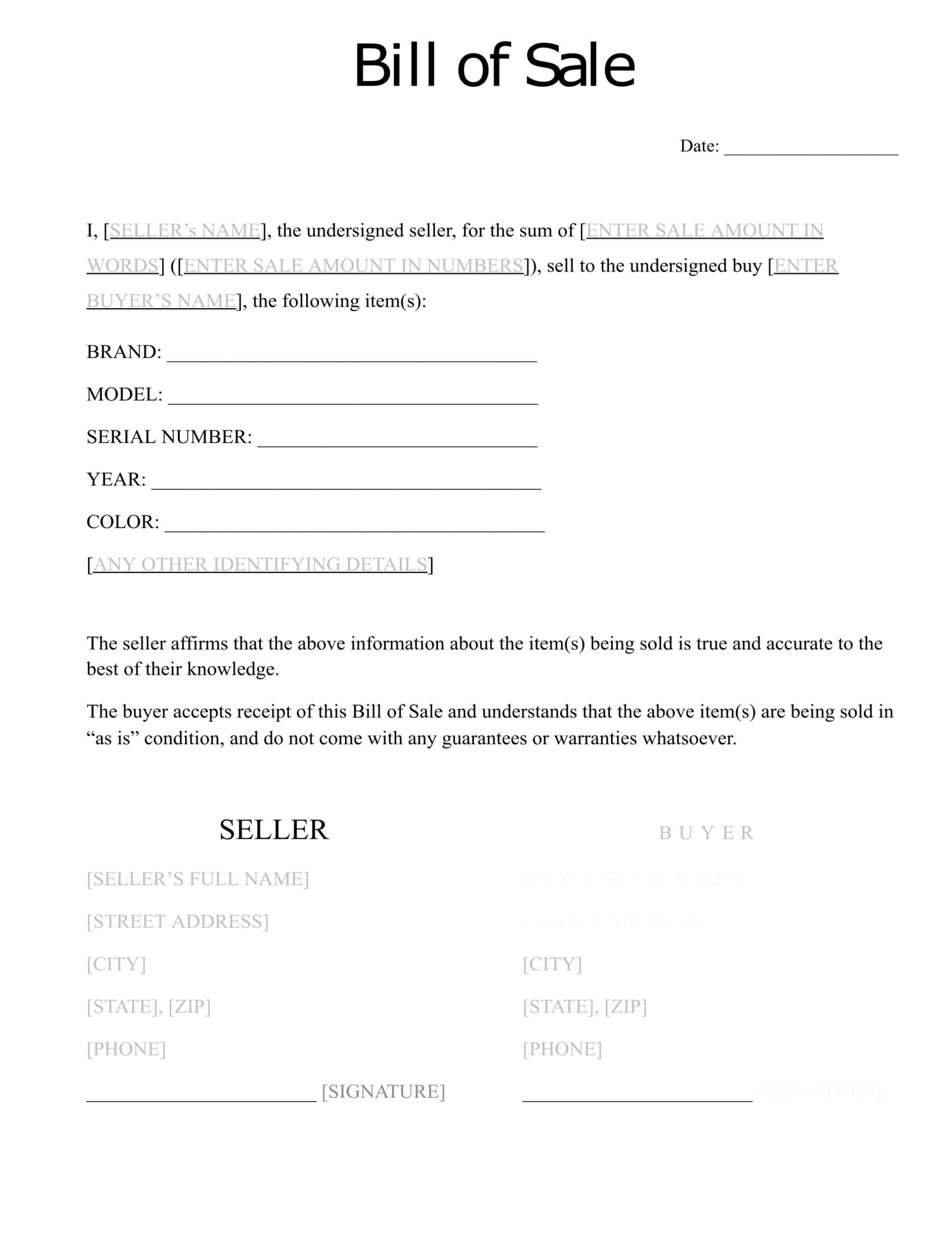 Standard Bill of Sale Template Sample Standard Bill of Sale Template Sample