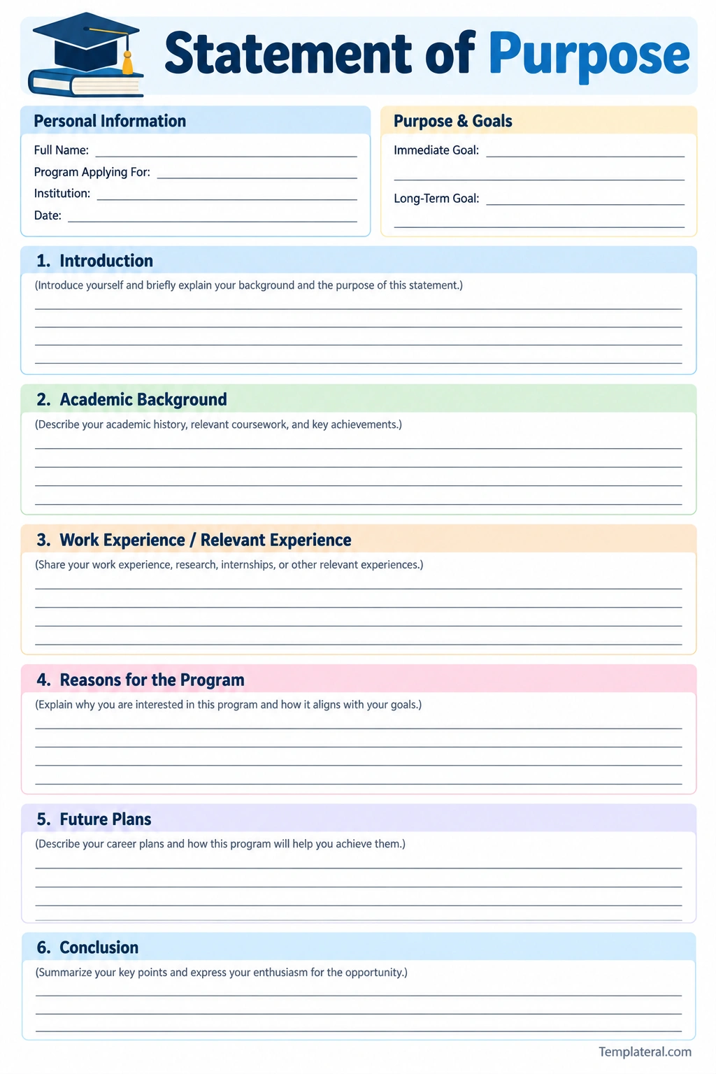 Statement of Purpose Template Printable statement of purpose template with sections for academic background, goals, experience, and future plans