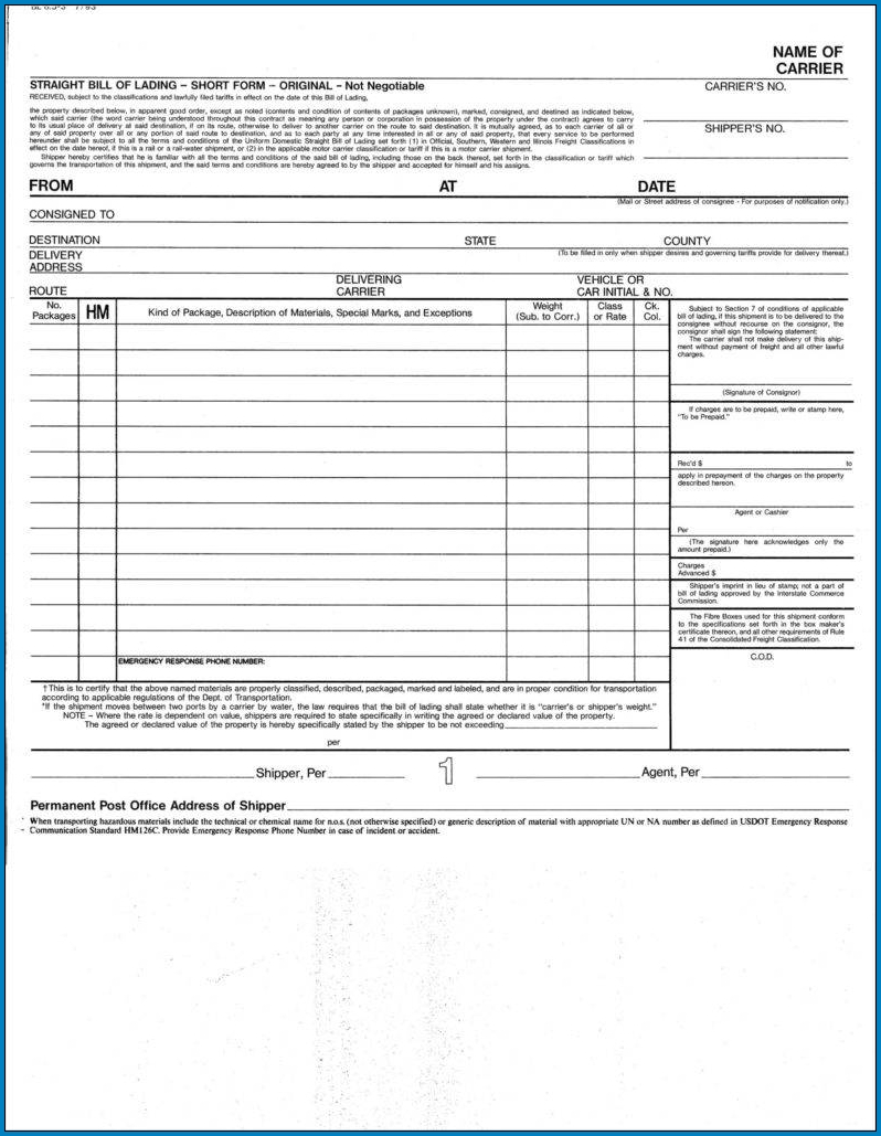 Straight Bill Of Lading Form Example